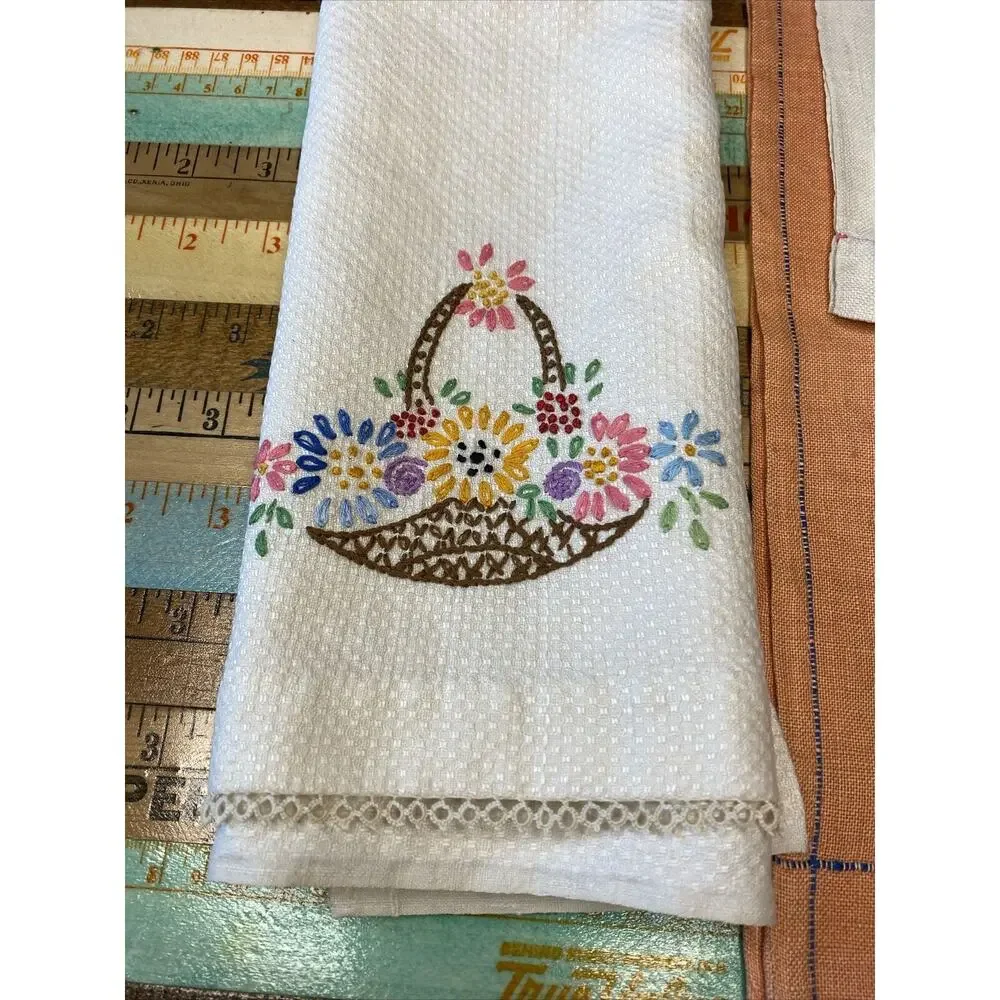VINTAGE Hand Embroidered Tea Guest Towels Dresser Scarfs LINEN Floral Lot of 3